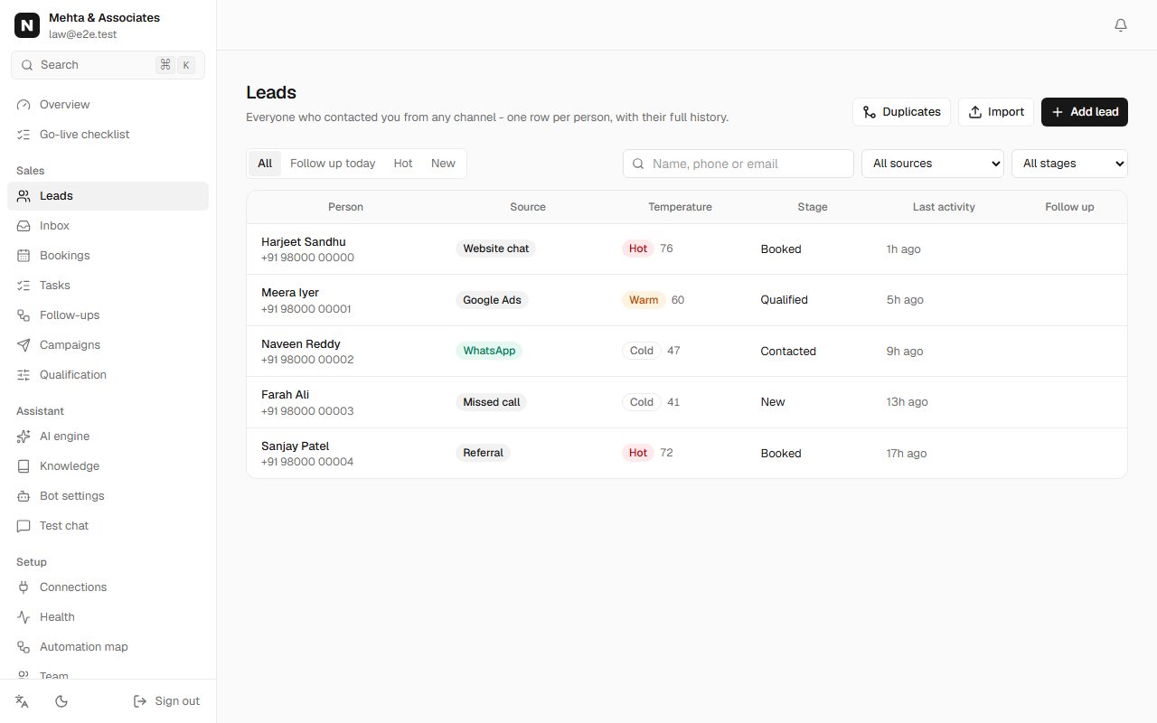 Leads list with sources, temperature and stage